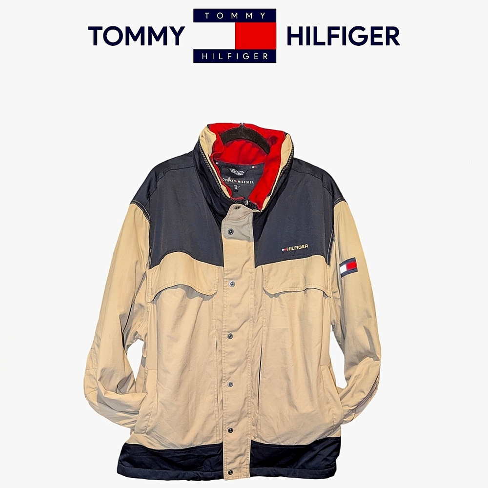 Vintage TOMMY HILFIGER Tan/Navy/Red  FLEECE LINED Men's JACKET SIZE XXL